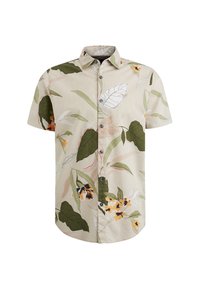 Korte ærmer skjorte med en beige baggrund og grønne og orange blomster- og bladmønstre, knaplukning foran og en afslappet pasform.