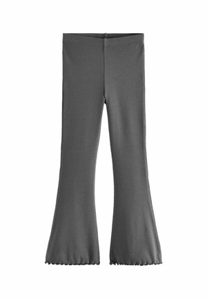 Gray ribbed flared leggings with a smooth texture and scalloped hem. Features a fitted waistband and a slightly flared leg design.