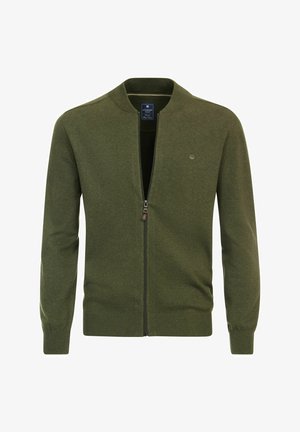 Green zip-up cardigan with a ribbed collar and cuffs. Made of soft material, featuring a subtle logo and a minimalistic design.