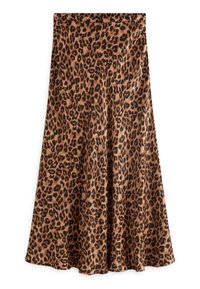 Une jupe évasée avec un motif léopard sur une base marron et des taches noires, fabriquée en tissu doux, avec une taille ajustée.