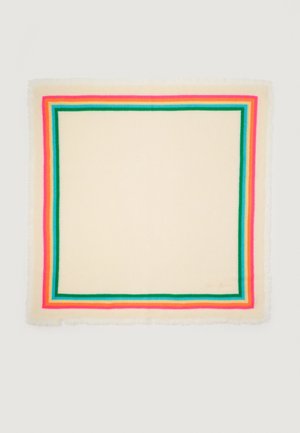 Square scarf made of soft fabric, featuring a cream base with vibrant green, pink, and blue borders, and delicate fringed edges.