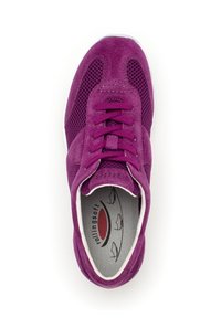 Purple suede sneaker with mesh panels, round toes, flat laces, and a cushioned insole featuring a logo and nautical design on the interior.