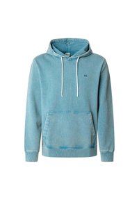 Lichtblauwe hoodie met een koord, zijzak en geribde manchetten. Heeft een subtiele logo op de borst en een zachte, gestructureerde stof.