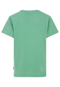 Groene T-shirt met korte mouwen, gemaakt van zachte stof, met een ronde hals en een eenvoudige, effen kleur zonder zichtbare patronen of accenten.