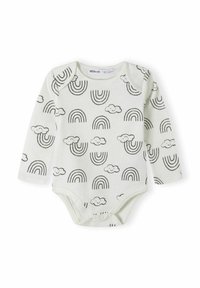 Bodysuit s dugim rukavima u svijetloj krem boji s crnim otiscima duge i oblaka, napravljen od mekanog pamuka. Ima dugmadi na dnu.