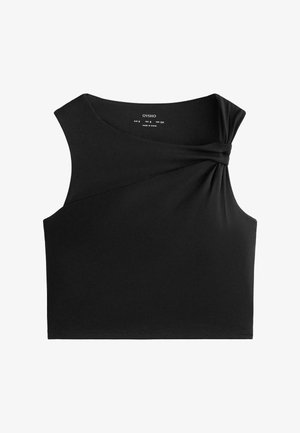 Top court noir en tissu lisse, présentant un design à une épaule avec un détail de nœud torsadé à l'avant et une silhouette ajustée.