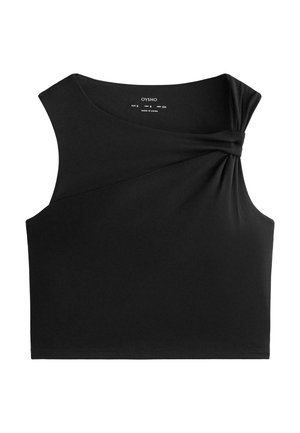 Crni skraćeni top od glatkog materijala, s obrtnim detaljem na jednom ramenu i elegantnim, prilagođenim siluetom. Nema vidljivih uzoraka.