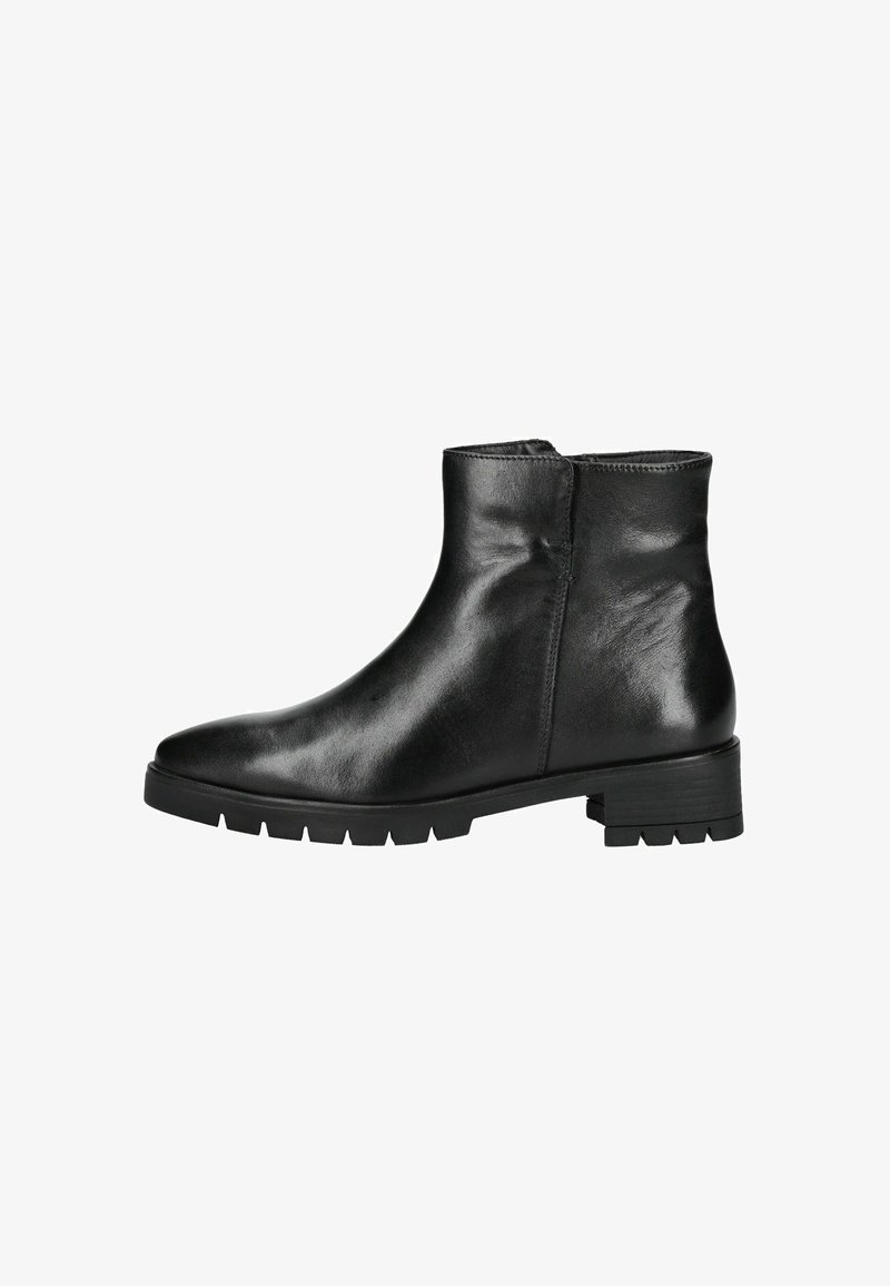 Botas de tobillo de cuero negro con un acabado suave, puntera redondeada y tacón bajo en bloque. Presentan un cierre lateral con cremallera y suela de goma texturizada.