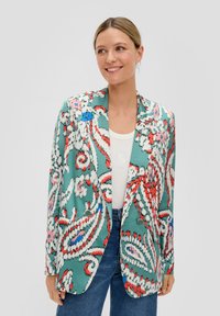 Gemusterte Jacke in Teal mit abstrakten Motiven in Rot, Weiß und Blau. Doppelte Knopfverschluss, Reverskragen und Seitentaschen.