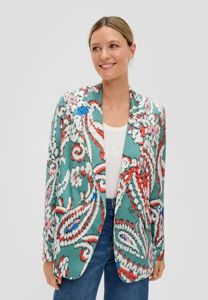Gevoerde blazer in teal, met abstracte motieven in rood, wit en blauw. Dubbel-knopsluiting, reverskraag en zijzakken.