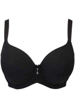 Schwarzer gepolsterter BH mit verstellbaren Trägern. Glatte Textur, Bügelunterstützung und ein dekorativer Metallanhänger in der Mitte. Klassisches Design.