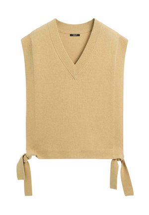 Beige mouwloze gebreide trui met een V-hals, geribbelde textuur en zijstrikjes aan de zoom. Simpel ontwerp met een opvallend breipatroon.