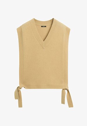 Beige ærmeløs strikket sweater med V-hals, ribstrikket tekstur og bindebånd i siden ved kanten. Enkel design med fremtrædende strikkemønster.