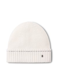 Kremowa czapka z dzianiny o prążkowanej fakturze, z podwiniętym mankietem i subtelnym kontrastującym przeszyciem. Na boku znajduje się mała metka z logo.