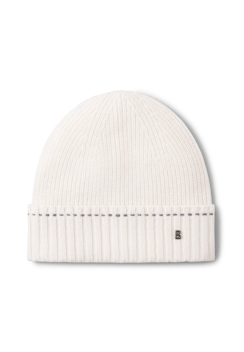 Kremowa czapka z dzianiny o prążkowanej fakturze, z podwiniętym mankietem i subtelnym kontrastującym przeszyciem. Na boku znajduje się mała metka z logo.