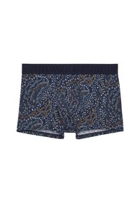 Navyblauwe herenboxershorts met een bloemenpatroon in lichtblauw en oranje, voorzien van een zachte elastische tailleband en een ademende stof.