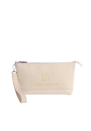 Bolsa de mano beige texturizada con cierre de cremallera, correa desmontable y logo "Don Algodon" grabado en el frente.
