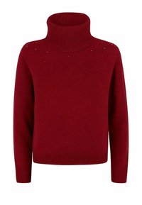 Maglione a collo alto rosso in tessuto lavorato a maglia, con colletto e orlo a coste, arricchito da sottili decorazioni vicino alle spalle.