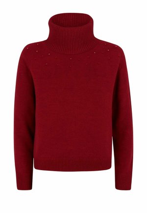 Maglione a collo alto rosso in tessuto lavorato a maglia, con colletto e orlo a coste, arricchito da sottili decorazioni vicino alle spalle.