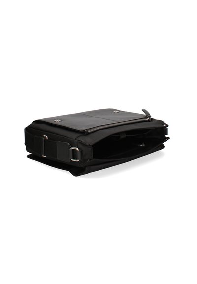 Borsa per laptop nera con superficie testurizzata, cerniere laterali doppie, hardware in metallo e tracolla regolabile. Presenta un ampio interno aperto.