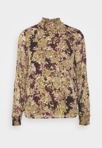 Blusa floreale con maniche lunghe, colletto alto arricciato e polsini elasticizzati. Presenta un motivo multicolore nelle tonalità di verde, marrone e bordeaux.