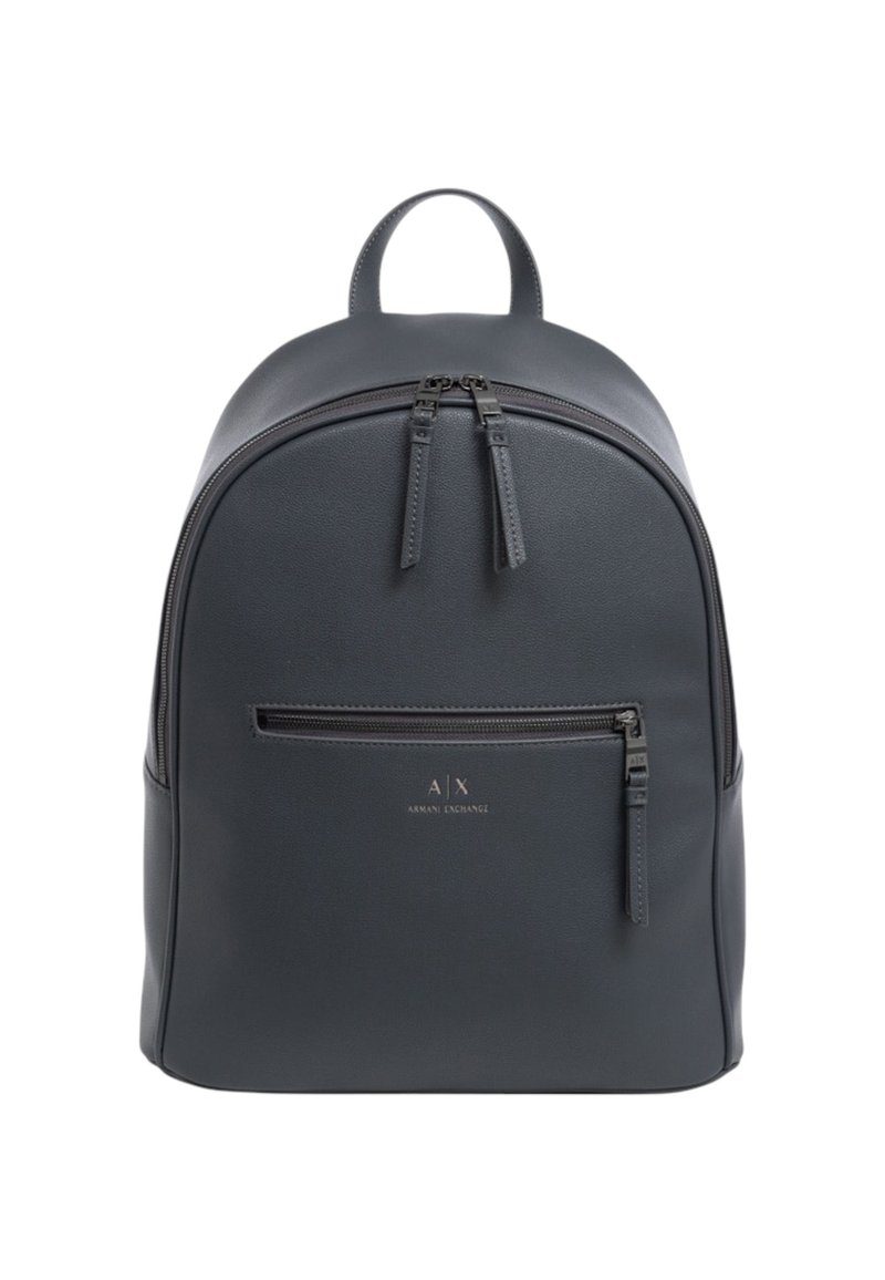 Zaino grigio scuro realizzato in falso pelle testurizzata, con un design arrotondato, doppio scomparto principale con zip e una tasca frontale con zip.
