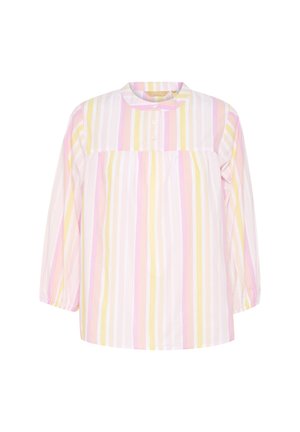 Bluzka z długim rękawem w pastelowe paski, w kolorach różowym, żółtym i białym. Posiada okrągły dekolt oraz elastyczne rękawy.