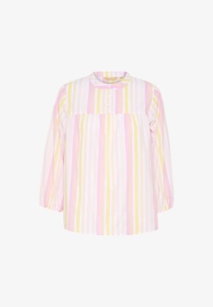 Csíkos, gombos blúz pasztell rózsaszín, sárga és fehér színekben. Kerek nyakkivágással és hosszú, rugalmas ujjakra jellemző.
