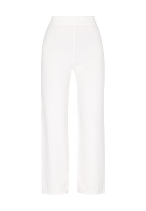 White wide-leg pants made from a soft, stretchy fabric with a high waistband. Smooth texture and tailored design with no patterns or embellishments.