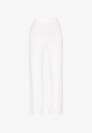 Weiße, weit geschnittene Hose aus einem weichen, elastischen Stoff mit hohem Bund. Glatte Textur und maßgeschneiderter Schnitt ohne Muster oder Verzierungen.