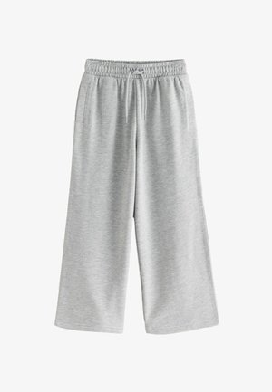 Pantalons de survêtement gris avec une taille élastique et un cordon de serrage, comportant deux poches latérales et une silhouette à jambe large. Texture de tissu douce.