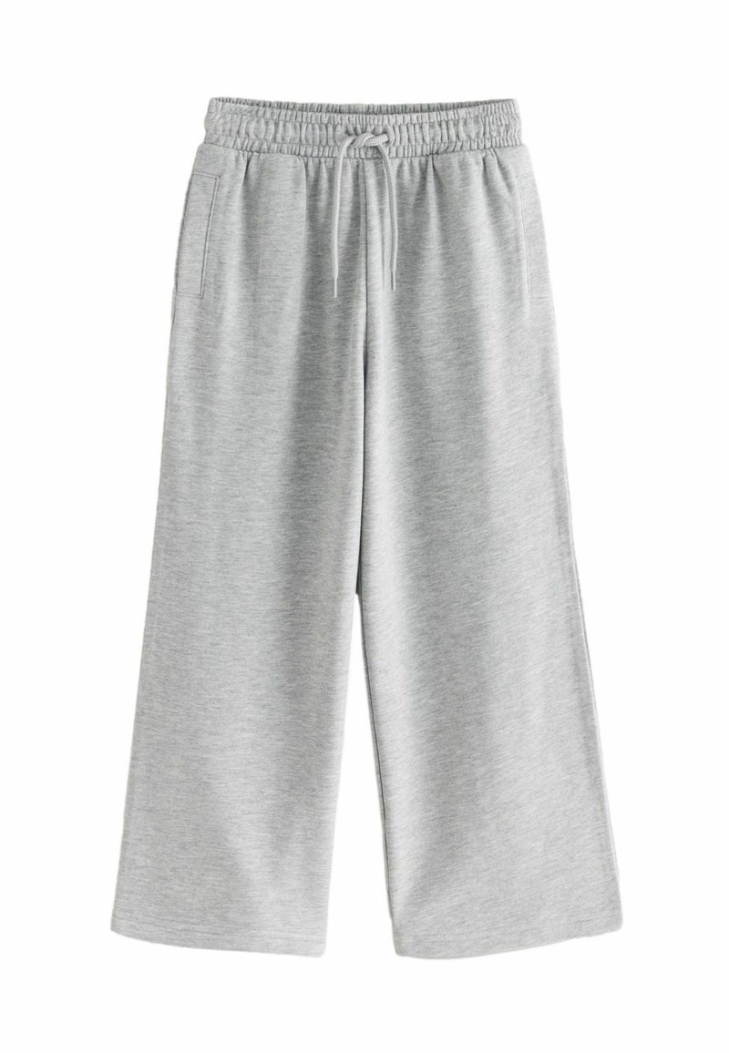 Graue Sweatpants mit elastischem Bund und Kordelzug, ausgestattet mit zwei Seitentaschen und einem weit geschnittenen Bein. Weicher Stoff.