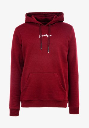 Sudadera con capucha color granate, bolsillo frontal, cordones ajustables y pequeño texto blanco en cursiva centrado en el pecho.