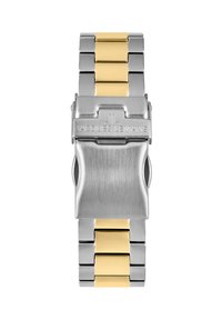 Bracciale per orologio in metallo argentato e dorato con finitura spazzolata e accenti lucidi; presenta una chiusura con marchio inciso.