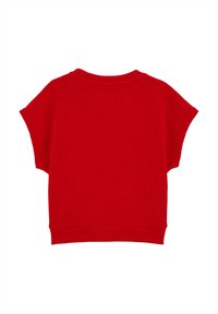 Piros, rövid ujjú felső, texturált mintával, kerek nyakkivágással és cropped fazonnal. Az anyag bordás kialakítású.