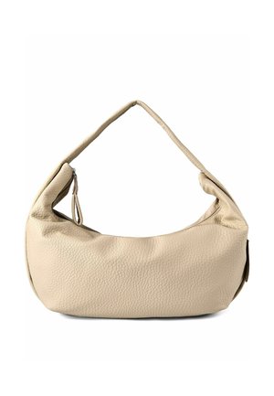 Sac à bandoulière en cuir beige à texture douce, avec une seule sangle et une tirette de fermeture éclair visible sur un côté.