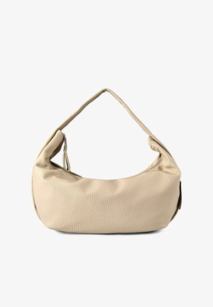 Soft textured beige leather shoulder bag with a single strap and a visible zipper pull on one side.