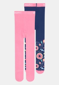 To par med tights: en ensfarget rosa og en marineblå med fargerike donut- og godterimønstre. Begge er de stretchy, med elastisk liv.