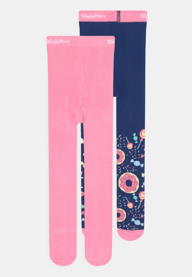 To par med tights: en ensfarget rosa og en marineblå med fargerike donut- og godterimønstre. Begge er de stretchy, med elastisk liv.