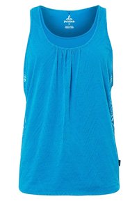 Blå ärmlös damtopp med rundad hals och subtilt chevronmönster, storlek medium, tillverkad av Prana.