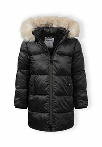 Čierny páperový kabát s kapucňou z umelého kožušiny, so zipsom, elastickými manžetami a bočnými vreckami. Vyrobený z hladkej, prešívanej látky s vypchávaným dizajnom.