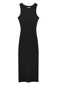Robe midi noire sans manches côtelée avec col rond et silhouette ajustée.