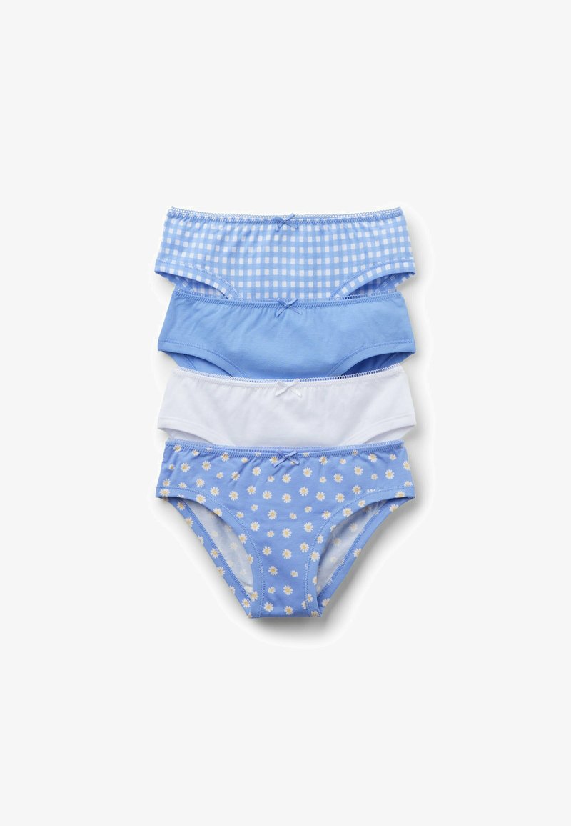 Quatre paires de culottes pour filles en bleu et blanc : vichy, bleu uni, blanc uni, et bleu avec imprimé marguerites blanches, chacune ornée d'un petit nœud.