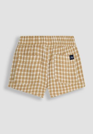 Shorts a scacchi marroni e bianchi con una vestibilità rilassata, elastico in vita e due tasche posteriori. Presenta un piccolo dettaglio con etichetta blu navy.