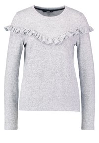 Maglione grigio chiaro a maniche lunghe con scollo rotondo e una ruffle decorativa lungo la parte anteriore. Realizzato in un morbido tessuto testurizzato.