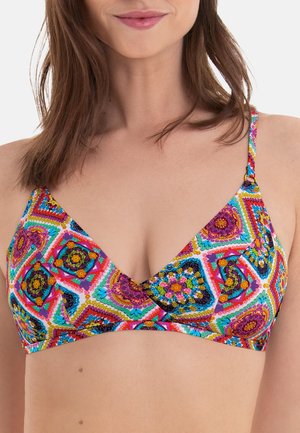 Colorful bikini top featuring a triangular design with vibrant geometric patterns in pink, blue, and green, made from soft fabric with adjustable straps.