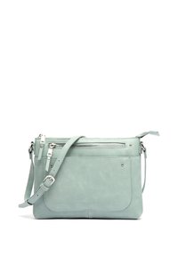 Svetlo modra usnjena torbica preko telesa z naprednim zadrgo, nastavljivim trakom in gladko teksturo. Opremljena je z diskretnim šivi in kovinskimi dodatki.