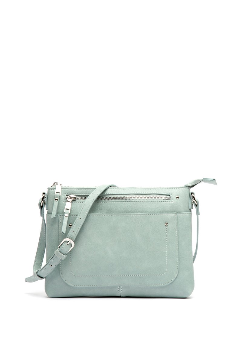 Svetlo modra usnjena torbica preko telesa z naprednim zadrgo, nastavljivim trakom in gladko teksturo. Opremljena je z diskretnim šivi in kovinskimi dodatki.