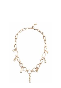 Gold-tone chain necklace with irregular links, featuring various charms: teardrops, a fish, and abstract shapes, adding unique detail.