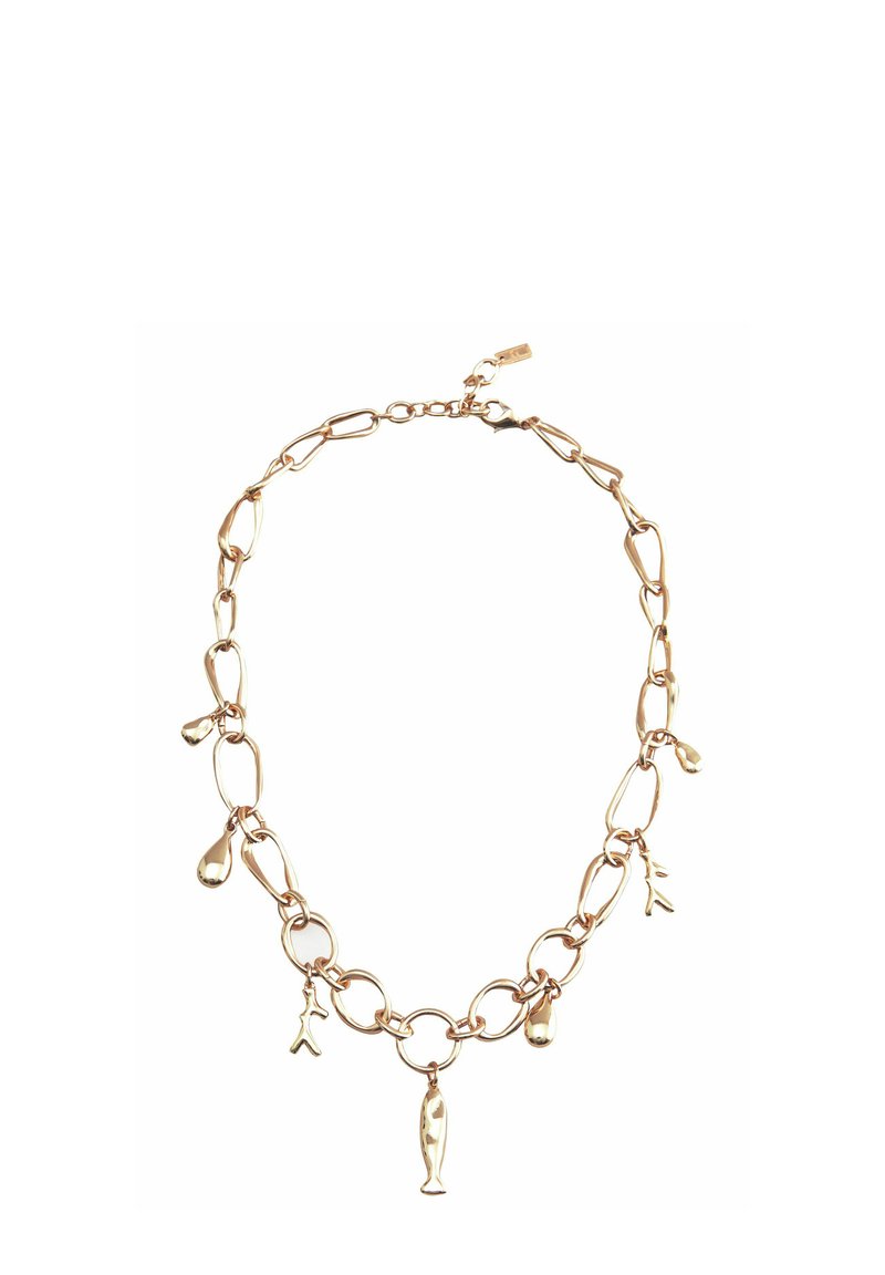 Gold-tone chain necklace with irregular links, featuring various charms: teardrops, a fish, and abstract shapes, adding unique detail.